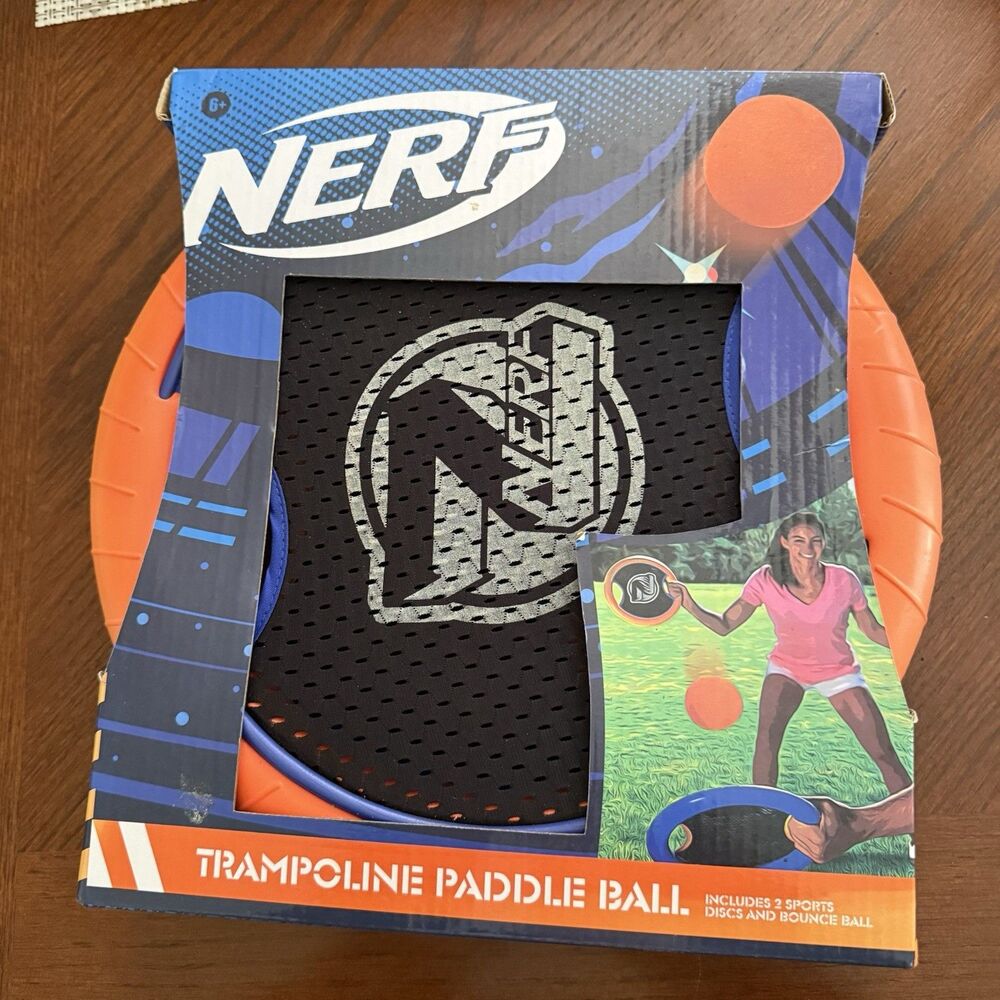 NERF Trampoline Paddle Ball & Flying Disc Set Inside-Outside Orange Ages 4+ New